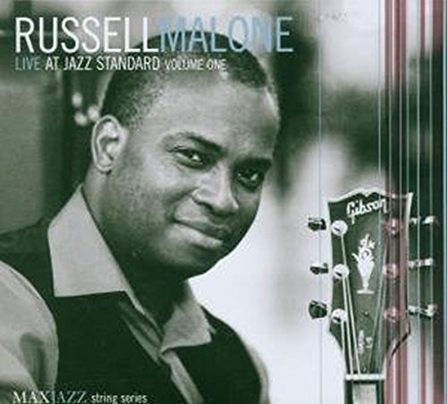 Russell Malone's black and white portrait beside a guitar headstock on a CD cover.