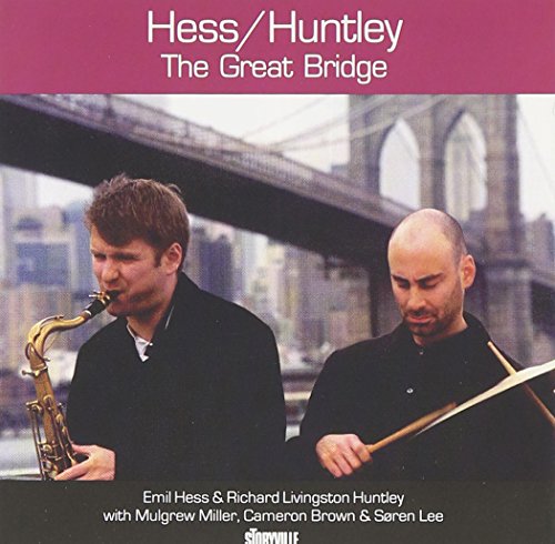 "Album cover featuring two musicians playing instruments with a bridge in the background."