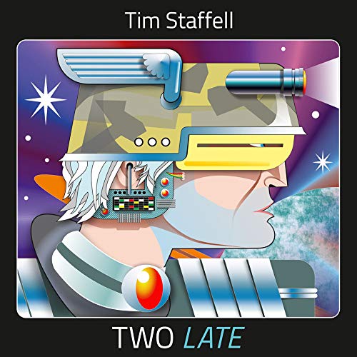 "Album cover art: cartoon man with futuristic headgear against a purple, starry background."
