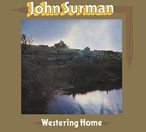 "Album cover with a serene landscape and brown background, featuring 'John Surman' and 'Westering Home'."