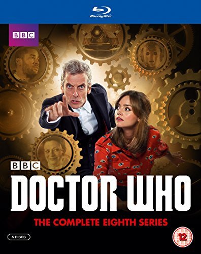 "Blu-ray cover featuring the 12th Doctor and Clara Oswald amidst gold clockwork gears."