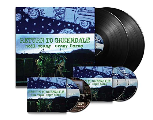 "Album packaging: vinyl records, CDs, and cover art featuring Neil Young and Crazy Horse."