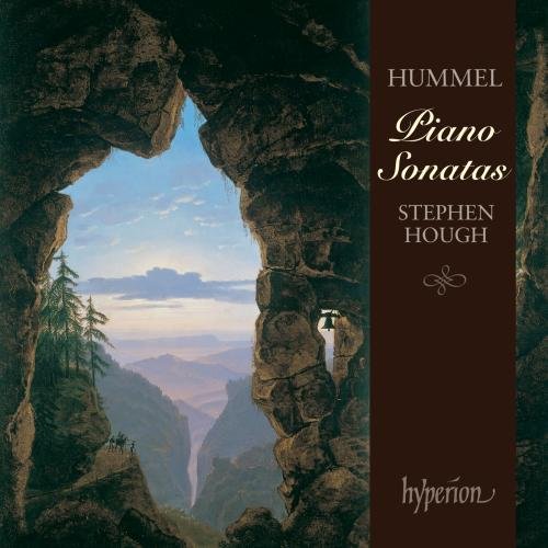 "CD cover with rocky landscape and brown title panel featuring 'Hummel Piano Sonatas'."