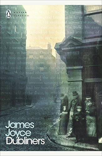 "Book cover of 'Dubliners' by James Joyce, featuring a dark, foggy street scene illustration."