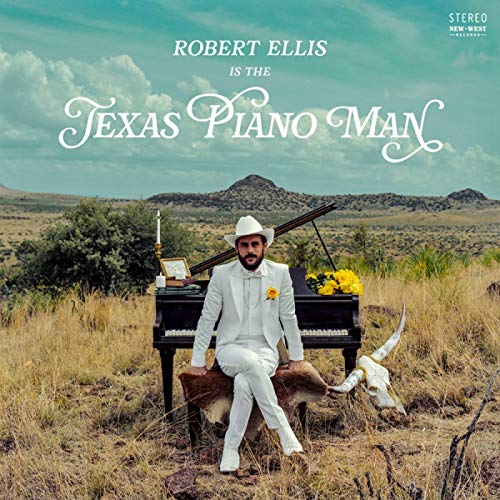 "Vinyl album cover featuring a man in white sitting on a cowhide with a piano."
