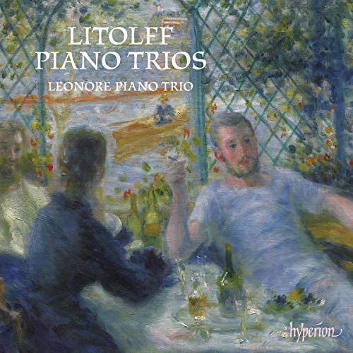 "Album cover featuring impressionist painting of people dining outdoors with text overlay."