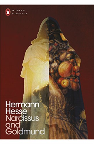 "Book cover of 'Narcissus and Goldmund' by Hermann Hesse, featuring a divided figure."