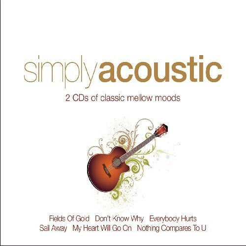 "Album cover with 'simply acoustic' title, guitar image, and song titles on a white background."