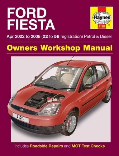 "Red Ford Fiesta with hood open on a repair manual cover with maroon background."