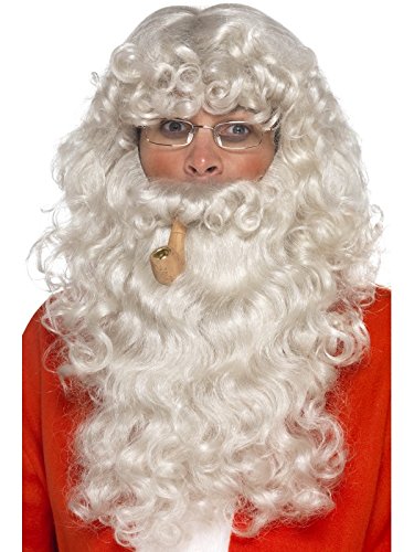 Man wearing a white curly wig and beard, glasses, and a red jacket.