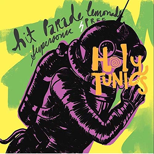 Vinyl album cover with astronaut illustration and text on yellow and green background.