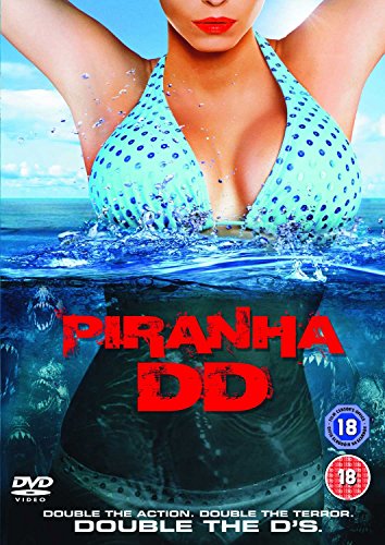 "Piranha DD" DVD cover featuring a woman in a bikini surrounded by water and piranhas.