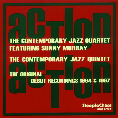 Red album cover with green and yellow text, featuring "action action" in large letters.