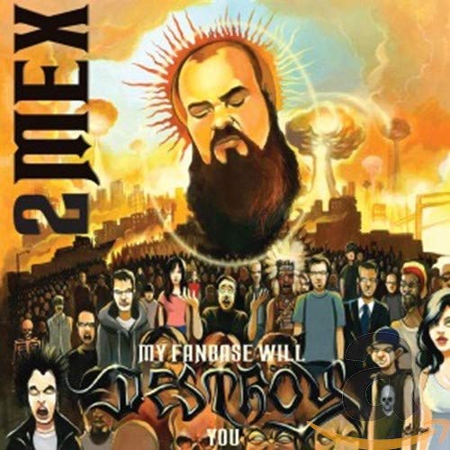 Album cover art with a bearded man and crowd, cityscape, and explosions.
