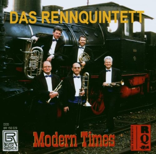 "CD cover featuring five men in tuxedos holding brass instruments in front of a train."
