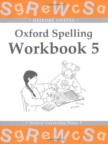 "Oxford Spelling Workbook 5 cover featuring a simple line drawing of a teacher and student."