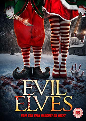 "Evil Elves DVD cover featuring two elves in red, one holding a bloody knife."