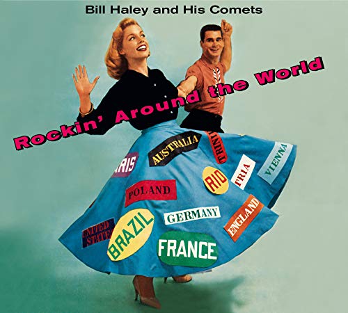 A man and woman dancing, with the woman wearing a skirt featuring country names, on a music album cover.
