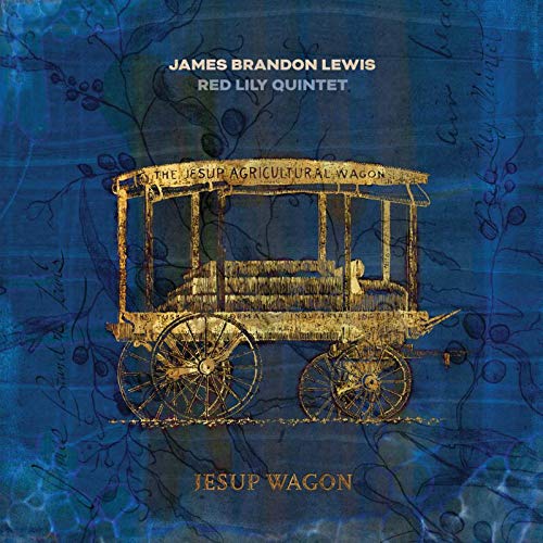 "Album cover featuring a gold wagon on a blue background with musical notes."