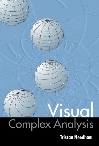 The image depicts the cover of "Visual Complex Analysis" by Tristan Needham. Alt text: Book cover with 3D spheres and author's name on blue background.