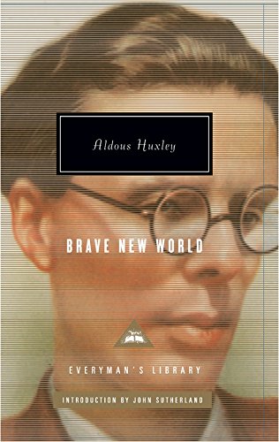"Book cover featuring a close-up portrait of Aldous Huxley with title 'Brave New World'."