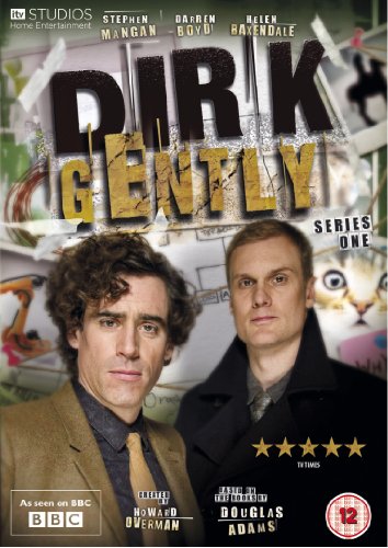 DVD cover for "Dirk Gently Series 1" featuring two men against a collage background.