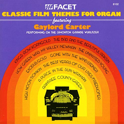 "Album cover with organ illustration and film theme titles on a purple background."