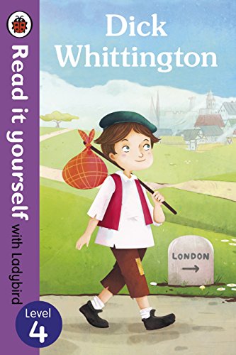 "Children's book cover featuring a young boy carrying a sack, walking towards London."