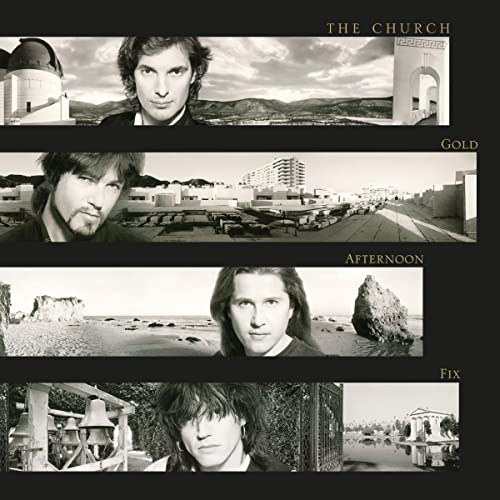 Black and white album cover with four band member portraits and landscape images.