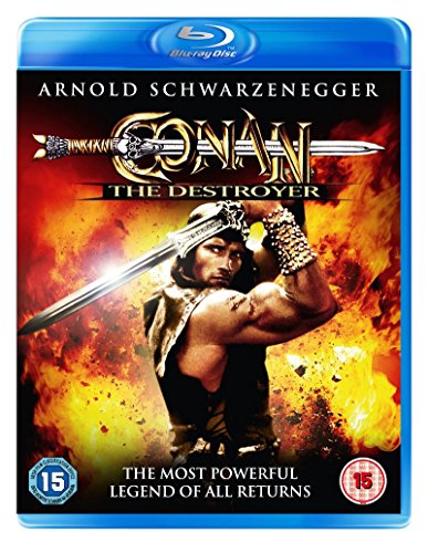 Blue-ray case with Arnold Schwarzenegger as Conan wielding a sword amidst flames and explosions.