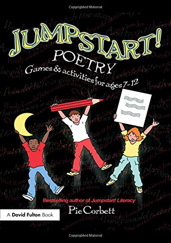 "Book cover with 'Jumpstart! Poetry' title, three cartoon children, and black background with poem text."