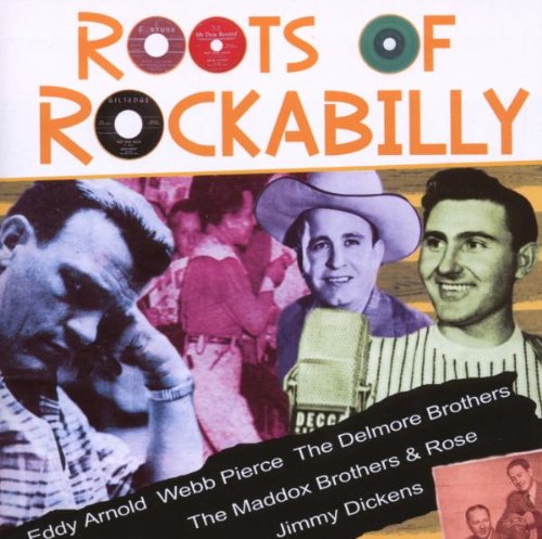 "CD cover with 'Roots of Rockabilly' title and three men's portraits in different colors."