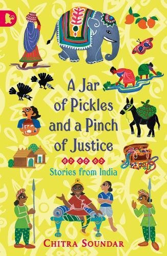 "Book cover with yellow background, illustrations of people, animals, and the title 'A Jar of Pickles'."