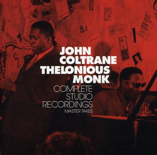 "Album cover featuring John Coltrane and Thelonious Monk in a red-toned studio setting."