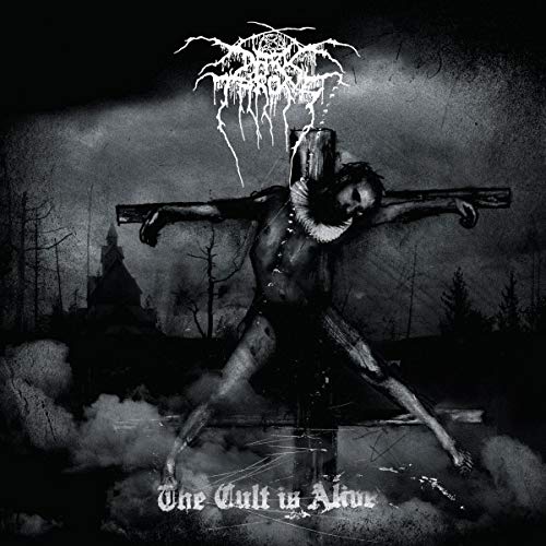 Darkthrone album cover featuring crucified figure with guns, dark landscape, and gothic text.