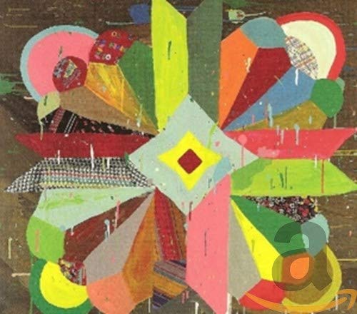 The image is an abstract album cover with multicolored geometric shapes on a brown background.