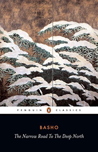 "Book cover with snowy trees illustration and 'Basho' title in orange, Penguin Classics logo."