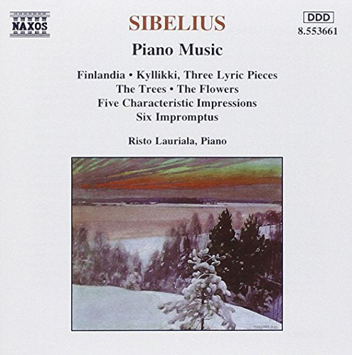 "CD cover with winter landscape painting and text listing Sibelius piano music compositions."
