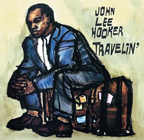 Watercolor album cover featuring John Lee Hooker sitting with a suitcase, wearing a blue suit.