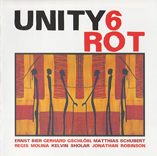 "CD cover with abstract figures and 'UNITY 6 - ROT' text in black and red."