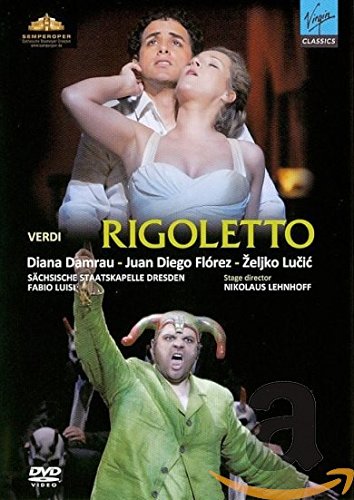 "DVD cover for Verdi's 'Rigoletto' featuring opera singers in costume against a black background."