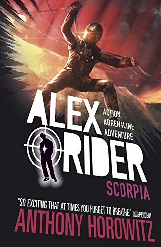 "Book cover of 'Scorpia' by Anthony Horowitz, featuring a man swinging from a rope."
