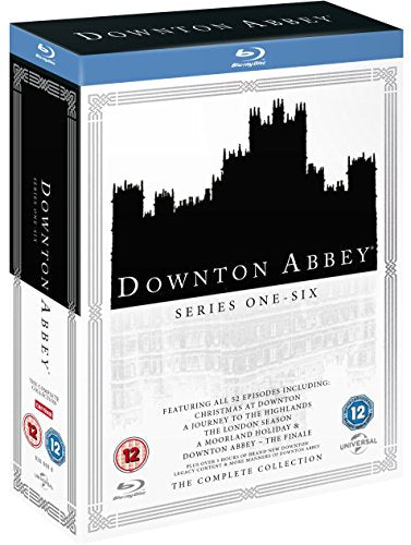 "Blu-ray box set with 'Downton Abbey' title and castle silhouette on white background."