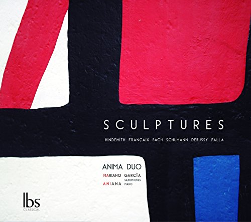 "CD cover with abstract red, white, and blue design on black background, titled 'Sculptures'."