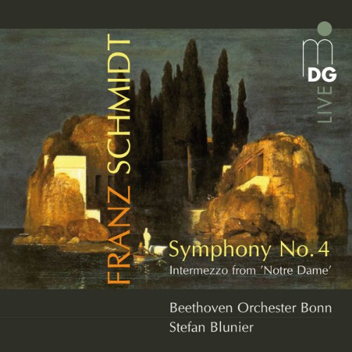 "CD cover featuring a painting of illuminated rocky cliffs with cypress trees."
