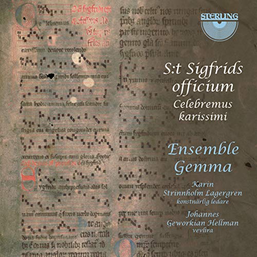 The image is a CD cover with medieval manuscript text and a blue logo. Alt text: Medieval manuscript page with text overlay and blue logo on a brown background.