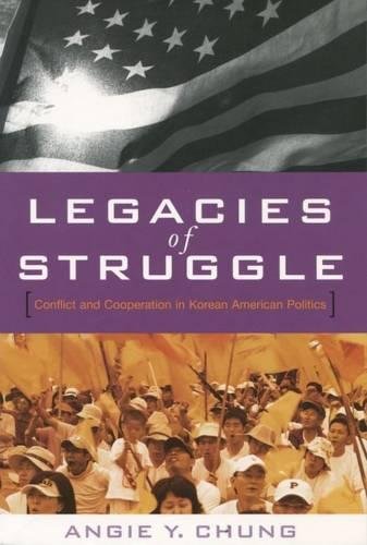 "Book cover with US flag, title 'Legacies of Struggle', and crowd of people holding umbrellas."