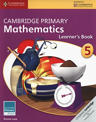 "Purple textbook cover with cartoon ladybug and kitchen scale, titled 'Cambridge Primary Mathematics'."