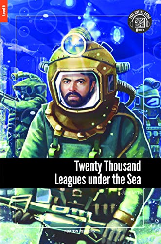 The image depicts a book cover for "Twenty Thousand Leagues Under the Sea" with a man in a diving suit. The cover features an illustration of a bearded man wearing a gold diving helmet with a clear faceplate and a green diving suit, standing in front of a blue background. The title is written in white text on a black banner at the bottom of the cover, with the author's name, "Jules Verne," written below it. The overall design suggests a classic adventure novel