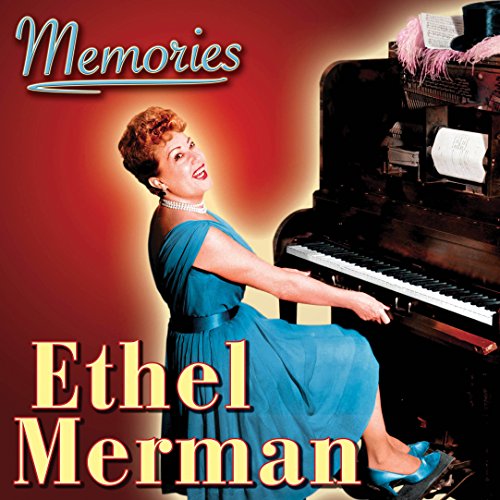 "Ethel Merman in blue dress sitting at piano on a red background."